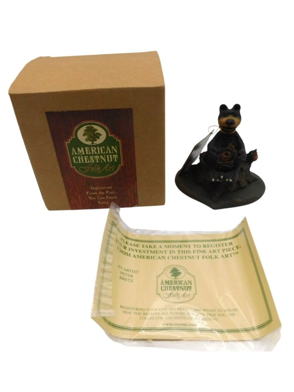American Chestnut Folk Art Petey The Baby Sitter Bear Figurine With Box 2002